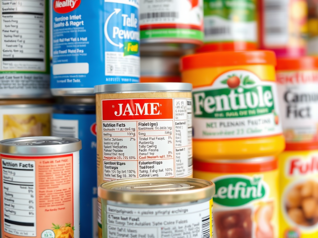 A close-up of various canned food items stacked together, with a focus on a can labeled 'JAME' that prominently displays its nutrition facts on the front.