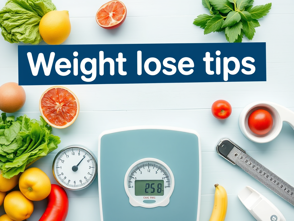 A collection of fresh fruits and vegetables, a weighing scale, and a measuring tape arranged around a central graphic that reads 'Weight loss tips'.
